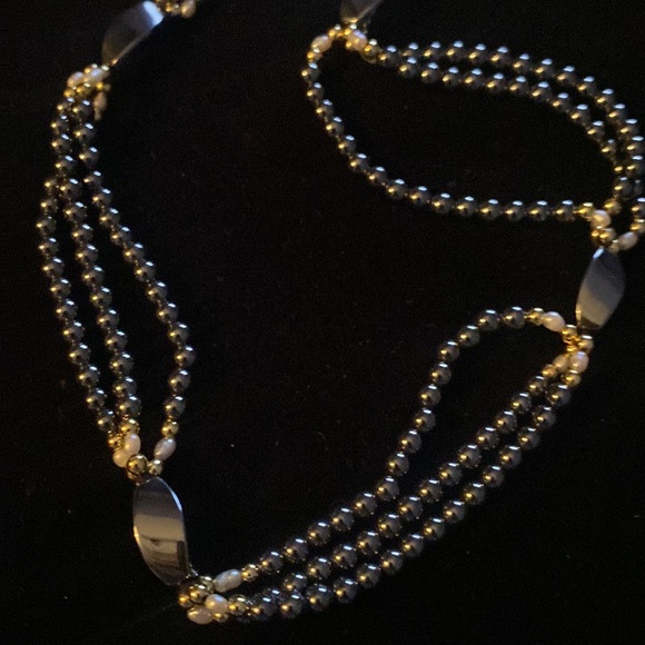 Malachite Freshwater Pearl Gold Triple Strand - Picture 2 of 6